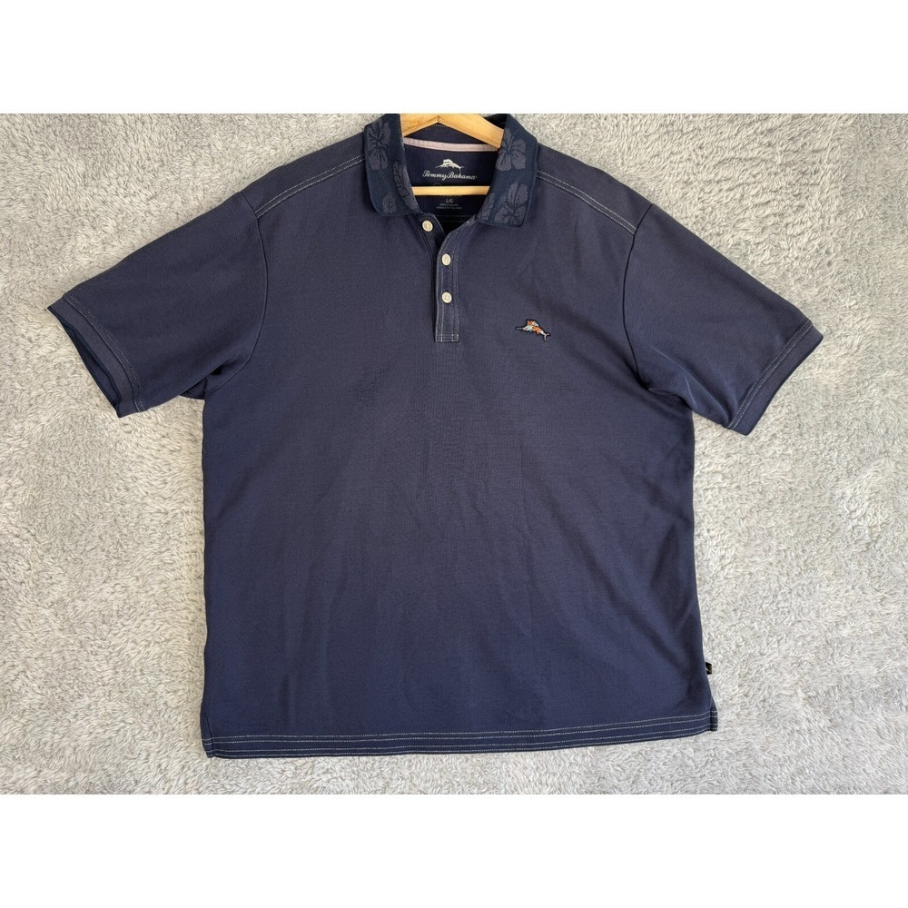 Tommy Bahama Mens Navy Blue Supima Cotton Hibiscus Collar Polo Shirt Large